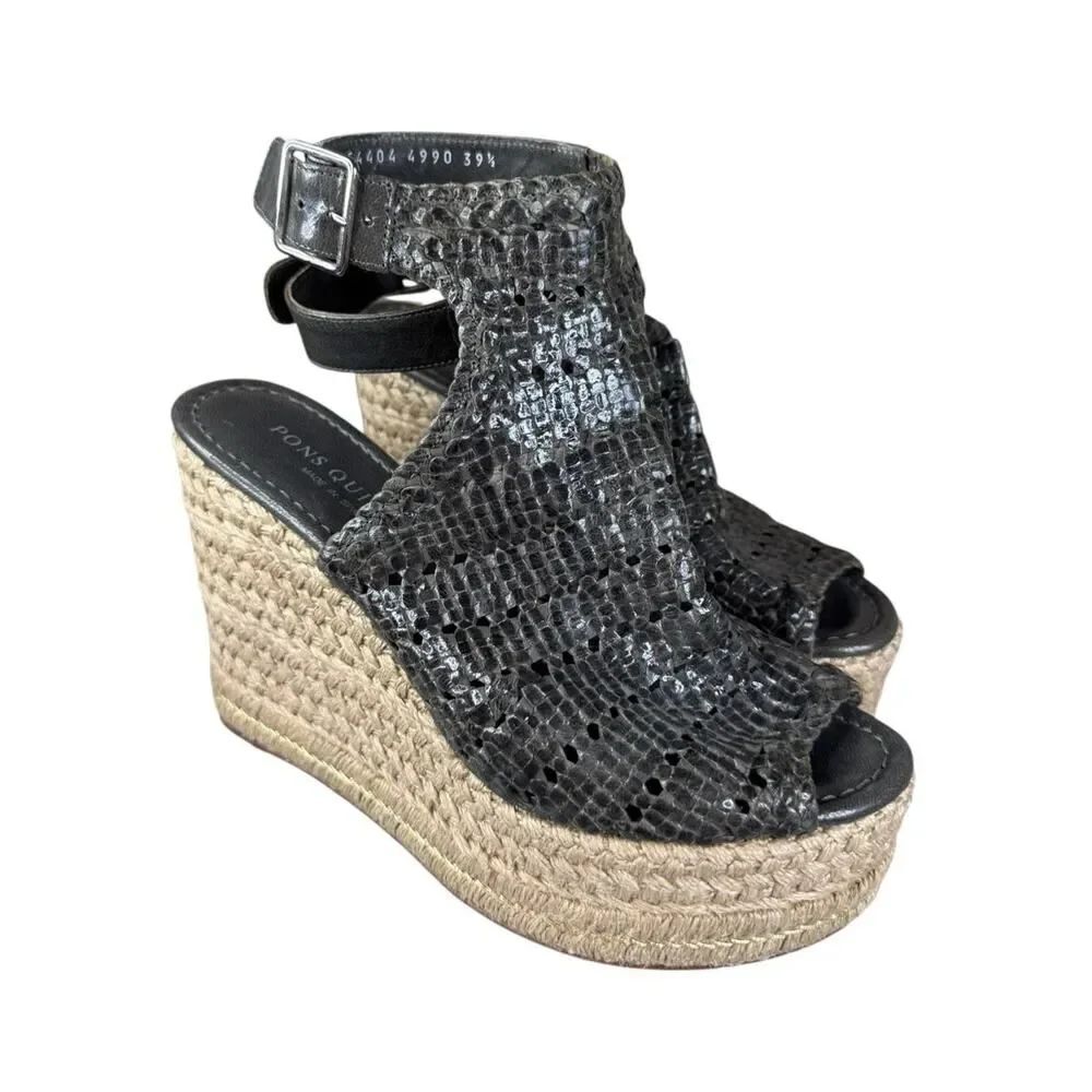 Pons Quintana Wedge Espadrille Sandals Woven Leather Dark Gray EU 39.5 US 9